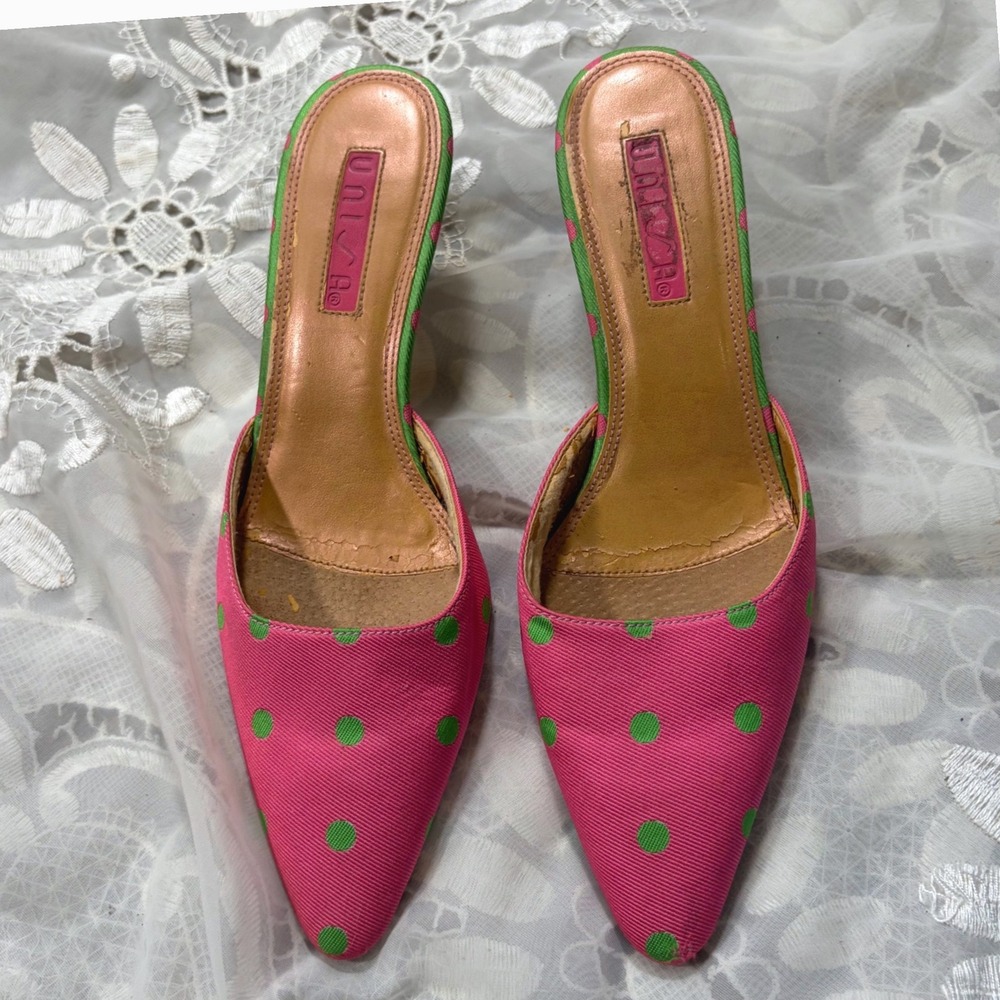 Y2K Cute Pink Green Polka Dot Pointed Toe Mules Kitten Heels Size 6